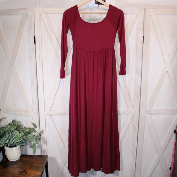 PinkBlush Petite Dark Burgundy Solid Off Shoulder Maternity Maxi Dress - Picture 6 of 9
